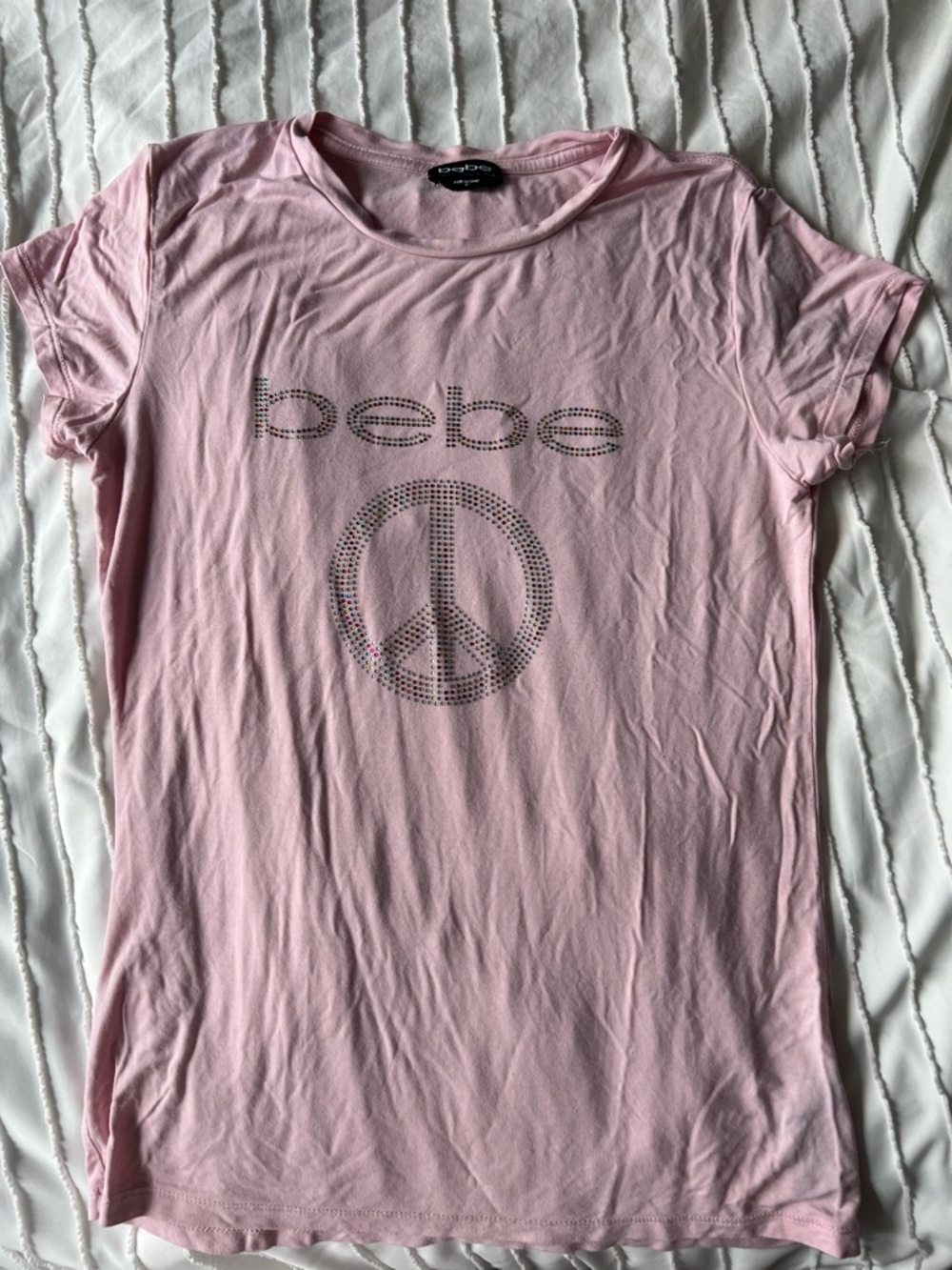 bebe Light Pink Short-Sleeve Rhinestone Peace Logo Tee